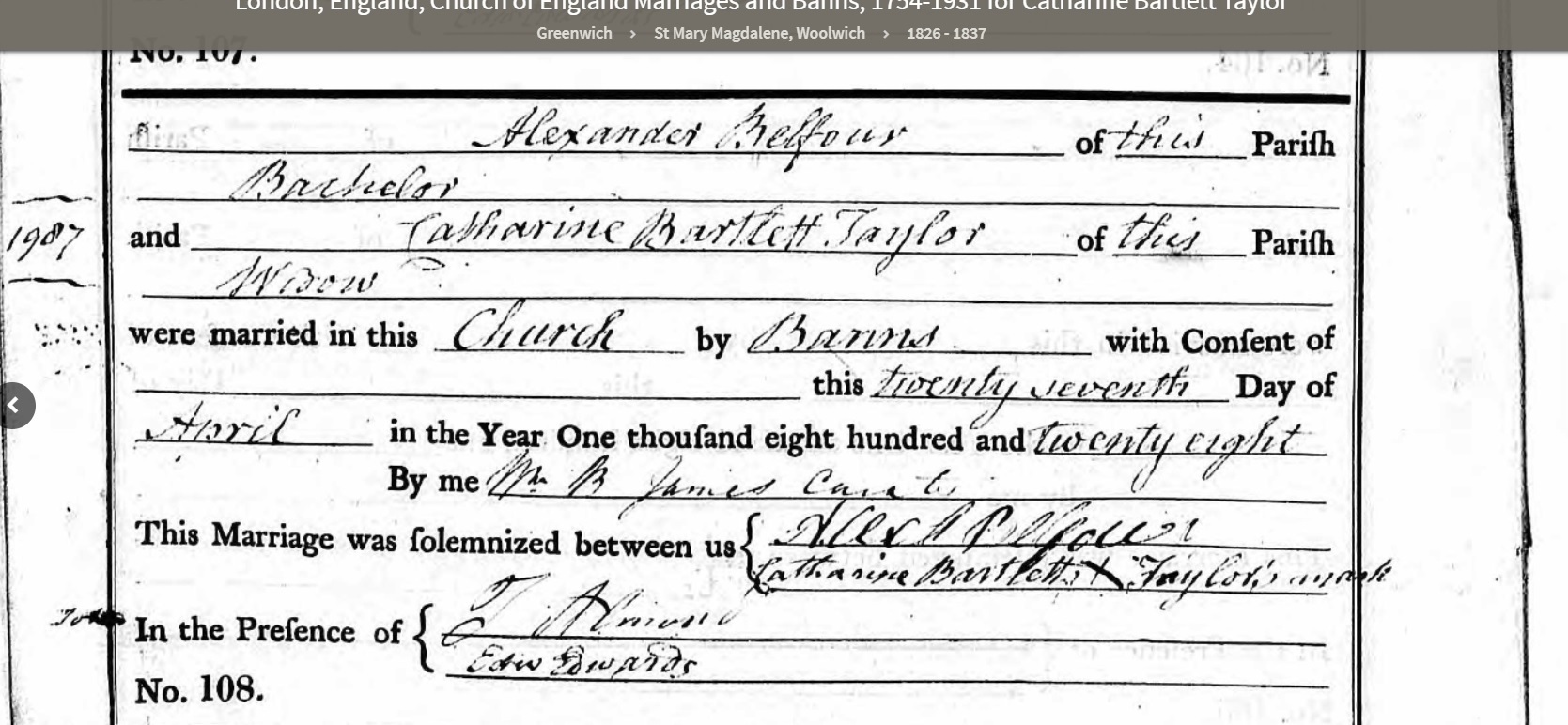 AlexanderBalfourCatherineBartlettTaylor_M1828, April 27, 1828, Linked To: <a href='profiles/i3386.html' >Alexander Balfour</a> and <a href='profiles/i3385.html' >Catherine  Bartlett Dewar</a>