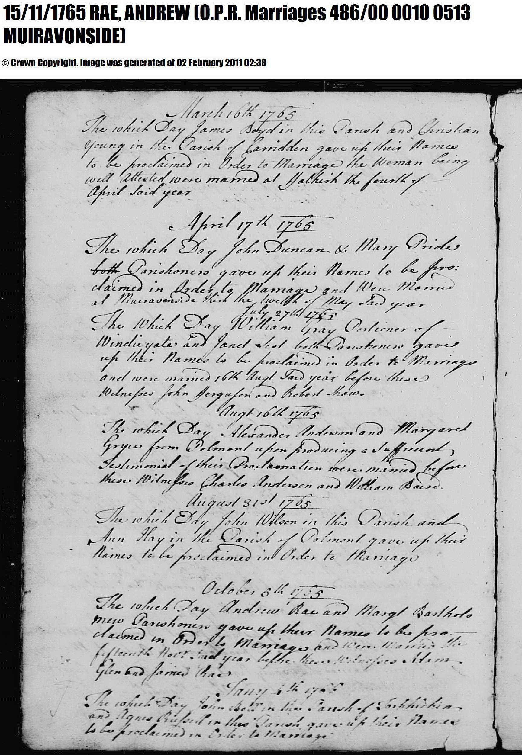 AndrewRaeMargaretBartholomew_M1765, October 15, 1765