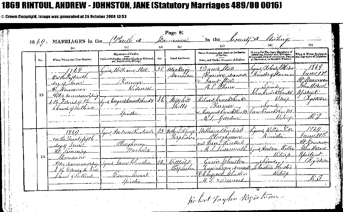 AndrewRintoulJaneJohnston1869Marriage, June 25, 1869, Linked To: <a href='profiles/i399.html' >Jane Johnston</a> and <a href='profiles/i205.html' >Andrew Rintoul</a>