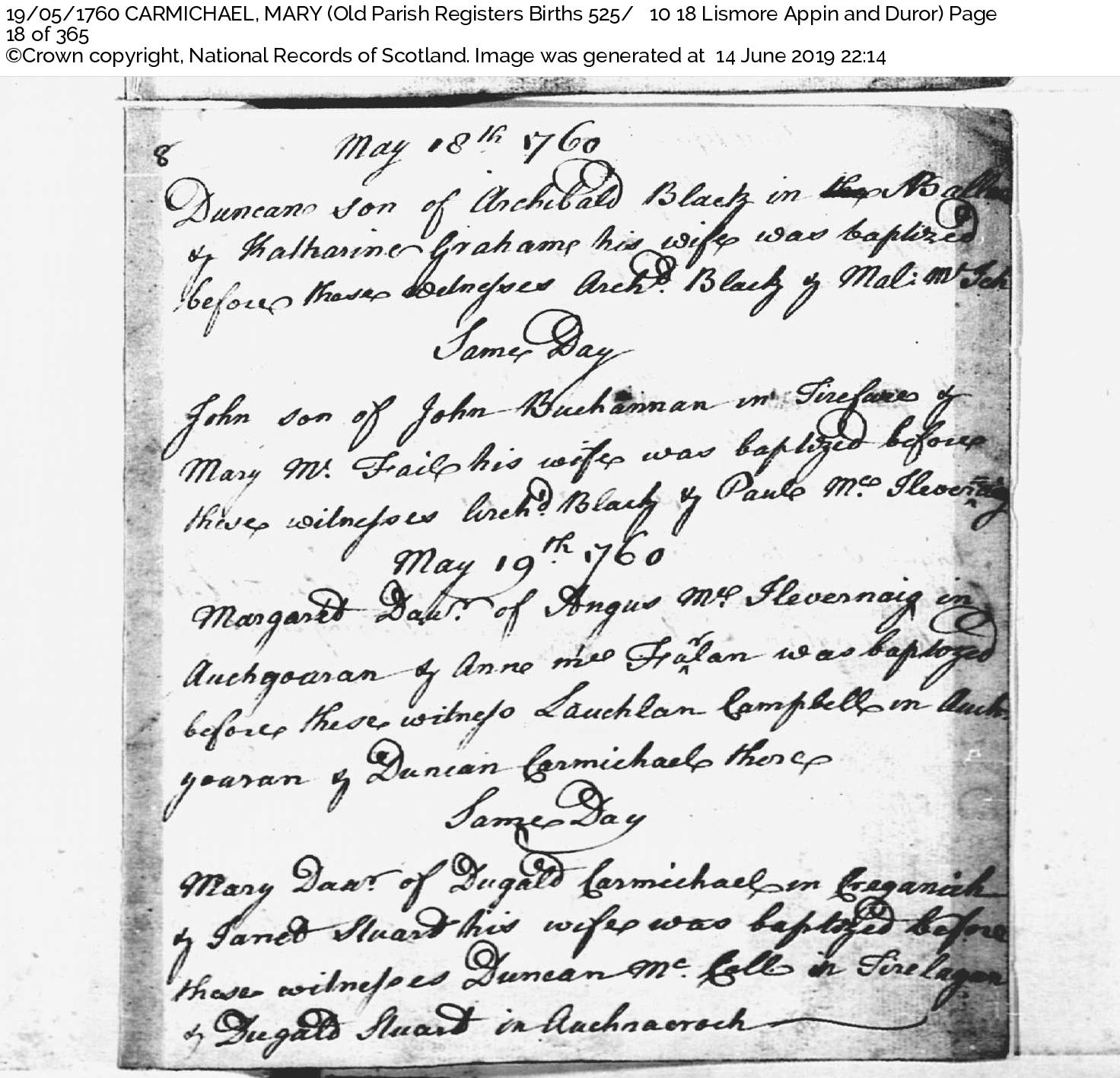 MaryCarmichael_B1760_Creganish_Lismore, May 19, 1760, Linked To: <a href='profiles/i1259.html' >Mary Carmichael ~</a>