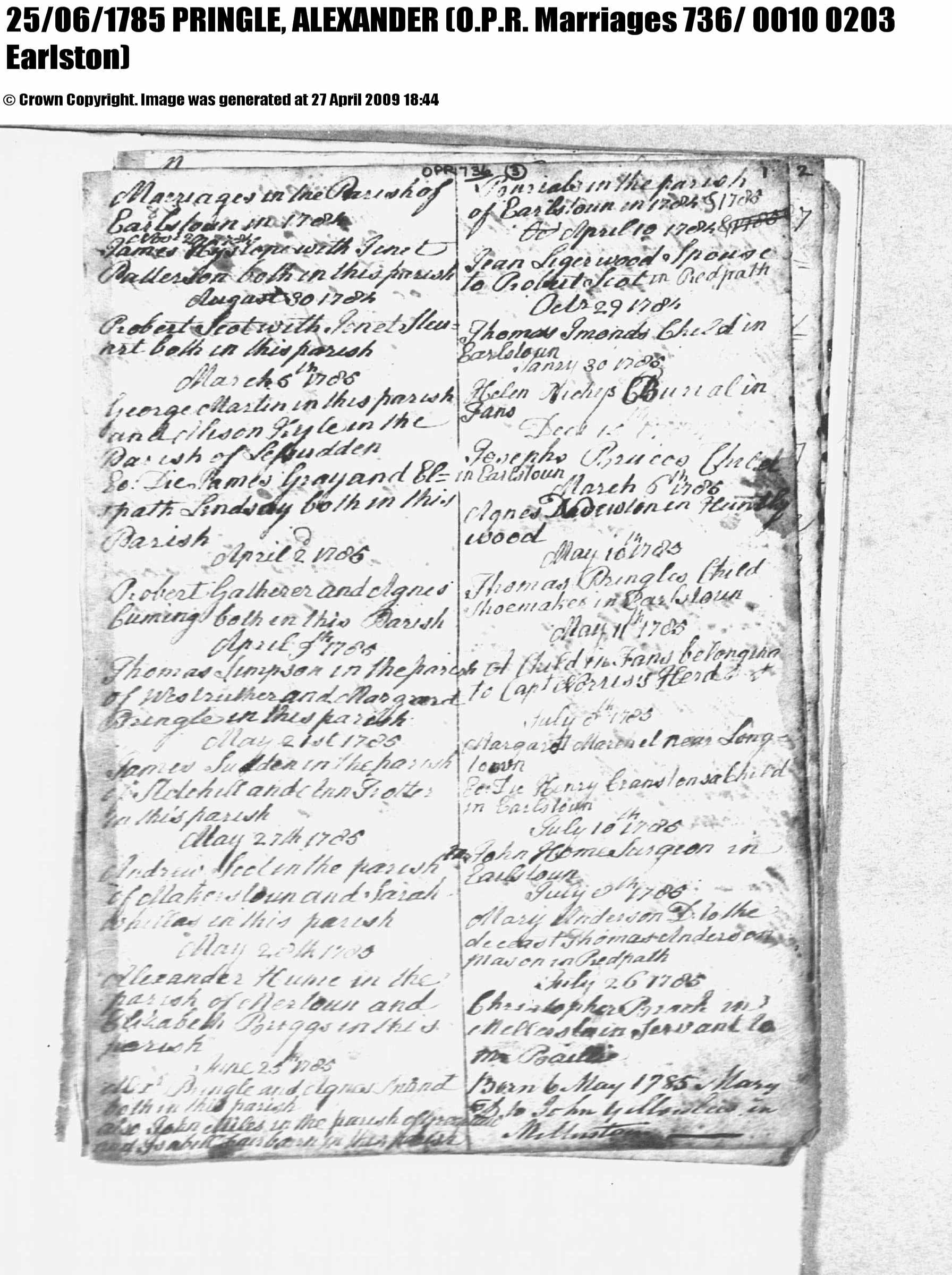 alexandagnes, June 25, 1785, Linked To: <a href='profiles/i1306.html' >Robert Pringle 🧬</a>